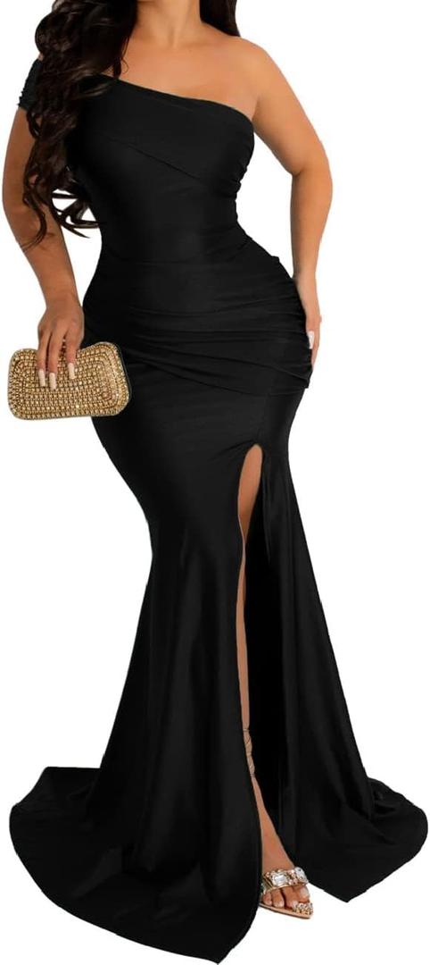 A ADILACA Black Off Shoulder High Split Dress, Maxi Dress Semi Formal, Solid Color Maxi Dress with Sleeves, High Split Evening Gowns Formal Dresses (Black, XL)