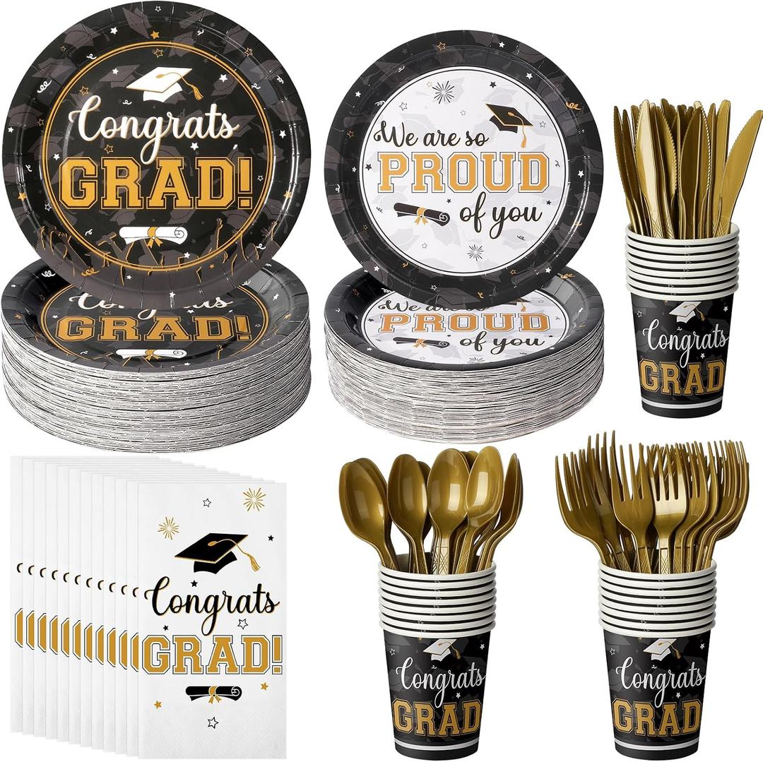 Graduation Party Supplies Congrats Grad Plates and Napkins Set Disposable Tableware Paper Plates Napkins Cup Knive Spoon Fork Straw for Class of 2026 Graduation Party Decorations Serve 100(Black Gold)