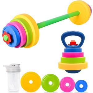3-in-1 Kids Fitness Set with Adjustable Barbell, Kettlebell & Reusable Water Bottle Kids Gym Equipment for Pretend Play Exercise, Fun Fitness Toys for Boys & Girls Home Workout