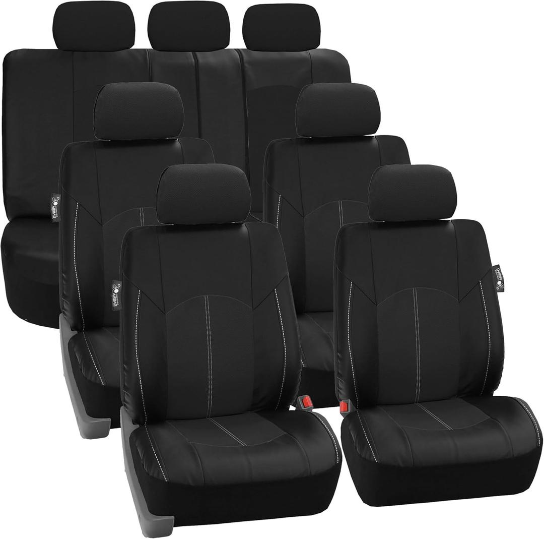 FH Group Perforated Leatherette Three Row Set 7 Seater Car Seat Covers, Airbag Compatible and Split Ready- Universal Fit for Cars, Trucks & SUVs (Black)
