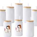 8 Pack Sublimation Blank White Glass Cans Sublimation Beer Glass Cups with Bamboo Lids Borosilicate Glasses Tumbler Mason Jar Cups Mug with Glass Straw for Beer, Juice, Drinks 16oz White