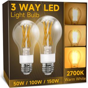 3 Way Light Bulbs 50 100 150w Equivalent, Soft White 2700K, Three Way A19 LED Filament Light Bulb with 90+ CRI, E26 Dimmable Warm Light Bulbs, Classic Clear Glass, 2 Pack