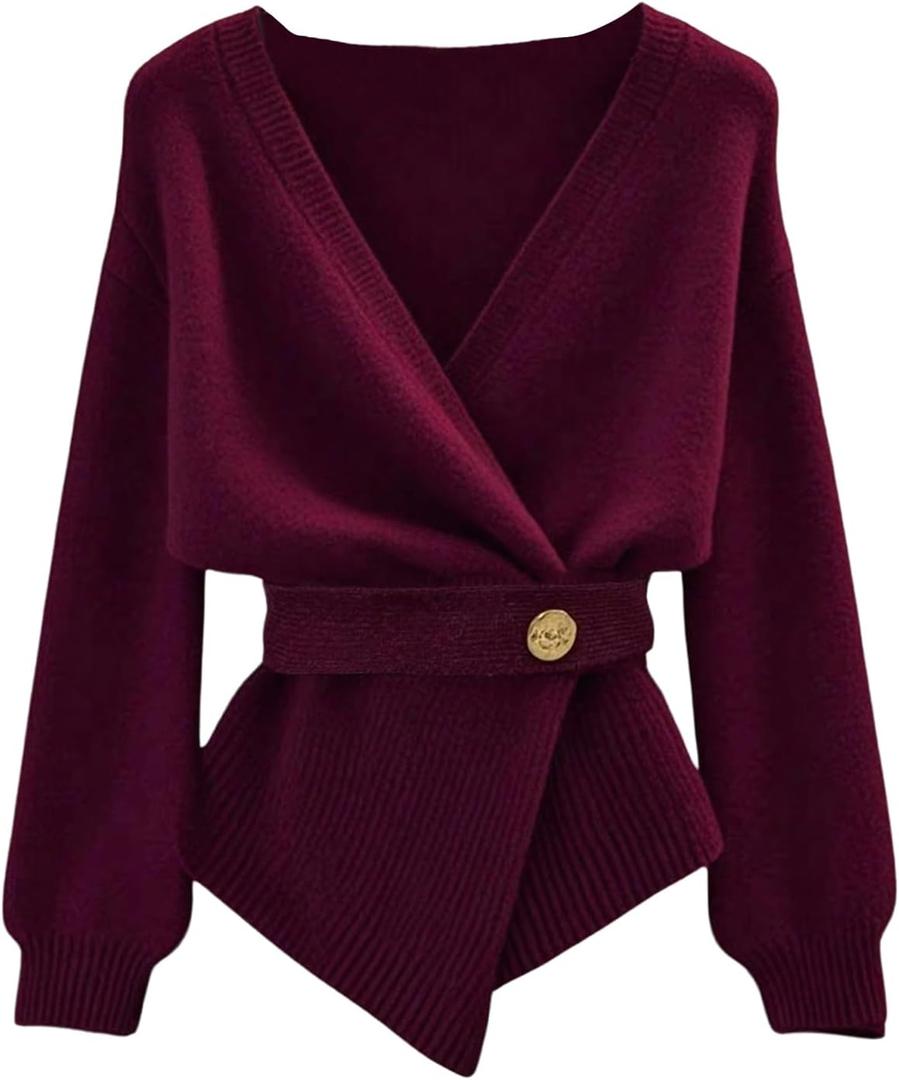 GORGLITTER Women's Wrap Cardigan Deep V Neck Long Sleeve Dressy Sweater Business Casual Outfits (Burgundy)
