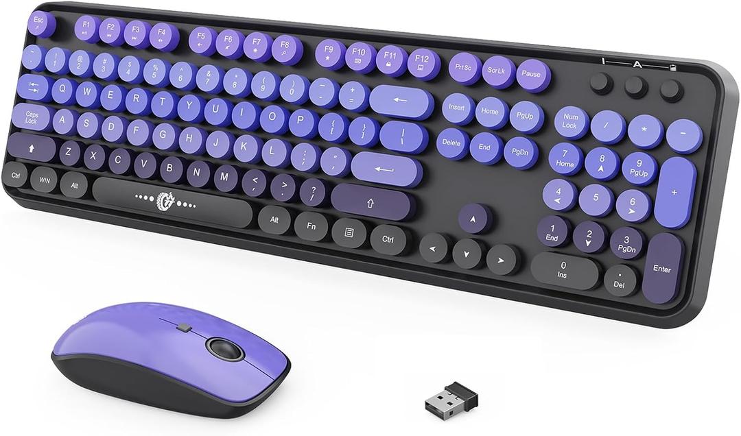 FOPETT Wireless Keyboard and Mouse Combo, 104 Keys Full-Sized 2.4 GHz Round Keycap Colorful Keyboards, USB Receiver Plug and Play, for Windows, Mac, PC, Laptop, Desktop (GradientPurple)