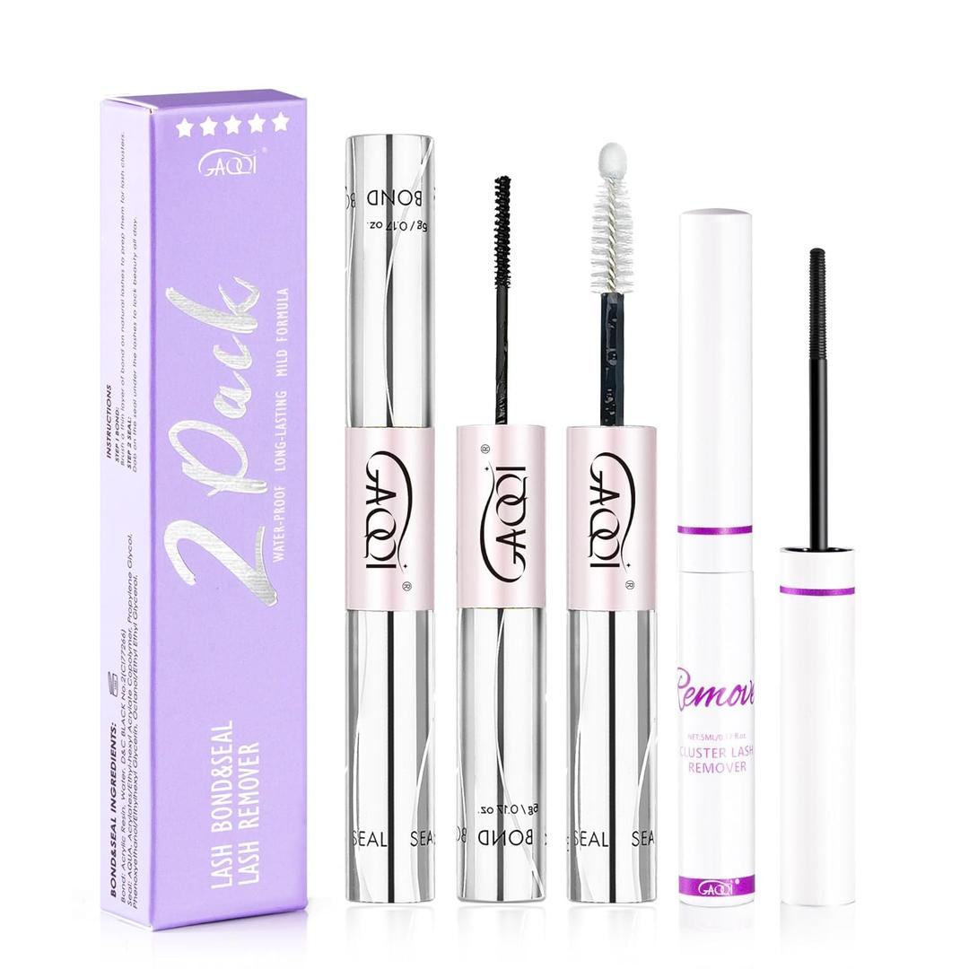 GAQQI Lash Cluster Glue + Remover Set, Lash Bond and Seal Waterproof, Long Lasting Eyelash Glue Strong Hold, Gentle Eyelash Remover for DIY Use (2Pcs Set)