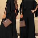 CHICME Women's 3 Piece Pleated Outfits One Shoulder Tops with High Waisted Wide Leg Pants Casual Vacation Outfit (Black, L)