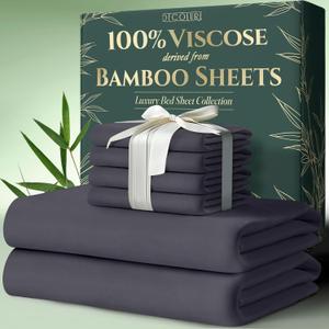 DECOLURE 100% Viscose Derived from Bamboo Sheets Queen Size 6pcs - Ultra Soft & Luxuriously Cooling, 17" Deep Pocket, Double Stitching, Perfect for Hot Sleepers - Queen Bed Sheets (Grey)