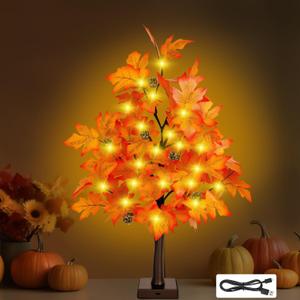 24 Inch Lighted Fall Maple Tree - 2FT Fall Decor Tabletop Tree with 36 LED Lights, 72 Maple Leaves, 6 Pines, Timer, Battery or USB Operated Artificial Tree Fall Decorations for Home