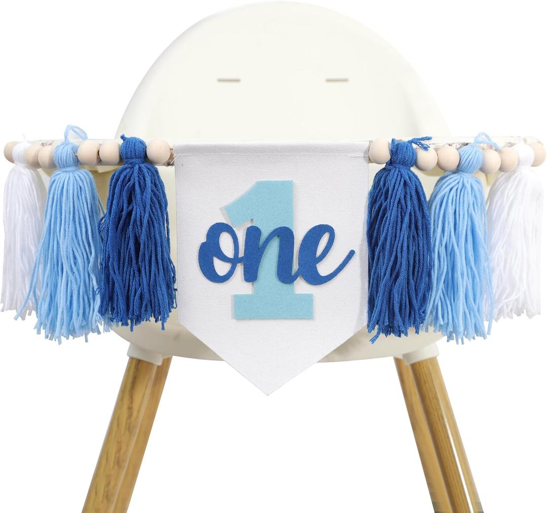 Blue Tassel 1st Birthday High Chair Banner - First Birthday Decorations For Boys,Cake Smash Party Highchair Banner,Blue Yarn Tassel Garland Photo Prop