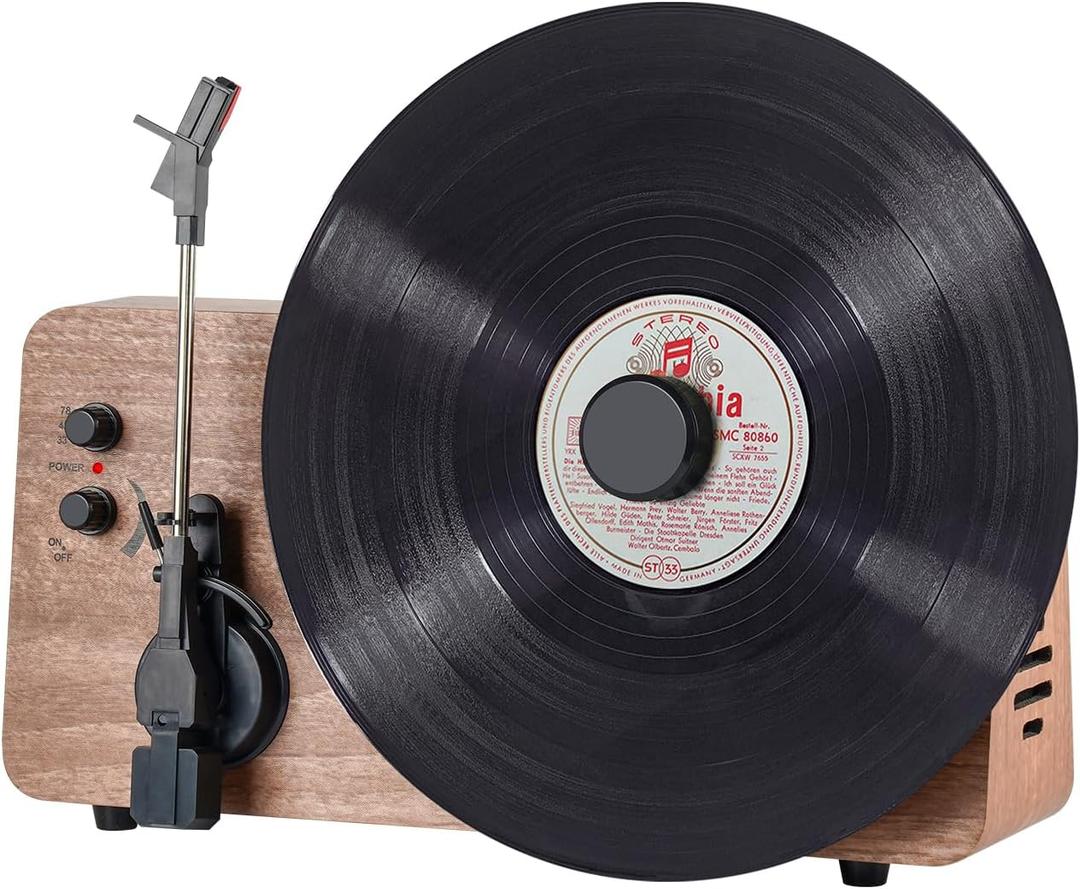 Vintage Record Player with 3-Speed Turntable & Bluetooth, Retro Vinyl Player with Built-in Speakers, Classic Wood Design