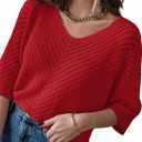 Dokotoo Women's 2026 Summer Spring Casual 3/4 Sleeve Solid Color V Neck Loose Pullover Knit Fall Sweaters Tops (Red, L)