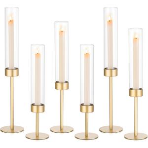 Sziqiqi Wedding Hurricane Candle Holders: 6 Pcs Gold Candlestick Holders Table Centerpiece - Taper Candle Sticks Holder for Christmas Party