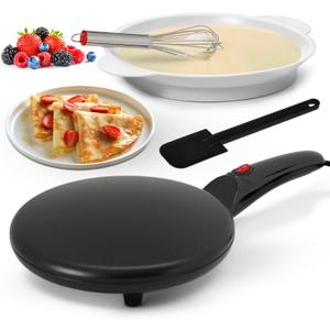 Nutrichef Electric Crepe Maker | 8-inch Nonstick Cooktop with On/Off Switch | Cooks Roti, Tortillas & Pancakes | Automatic Temperature Control & Cool Touch Handle | Includes Food Bowl, Whisk & Spatula (Dark Black)