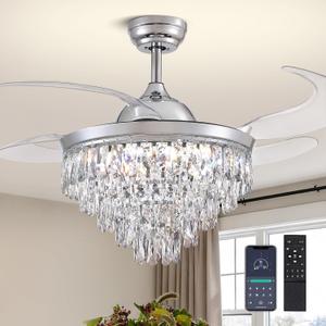 48" Crystal Ceiling Fans with Lights and Remote, Dimmable, 6 Speeds, Luxury Chandelier Fan Chrome Crystal Fandelier for Dining Room Living Room Bedroom