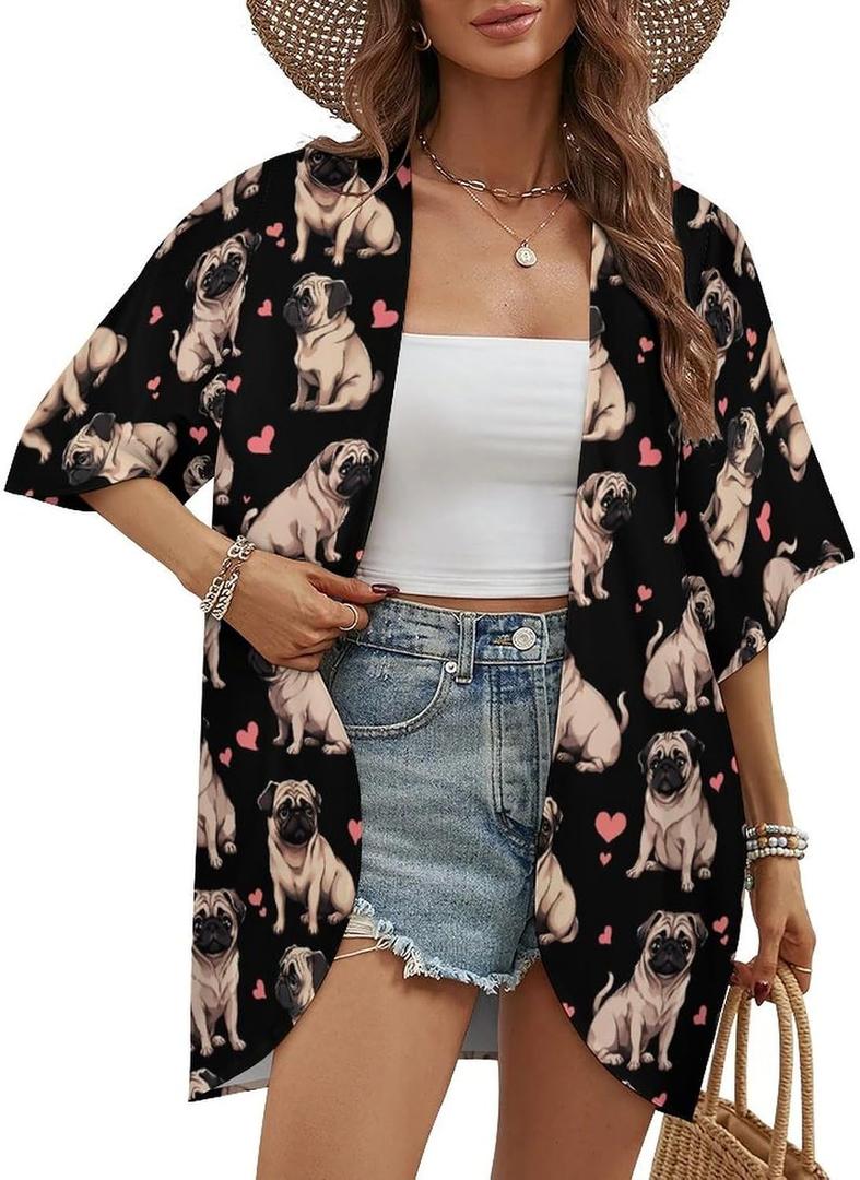 Pug Cardigan Kimono for Women Summer Lounge Lightweight Beach Cover Ups for Swimwear Walking Vacation Party, Large