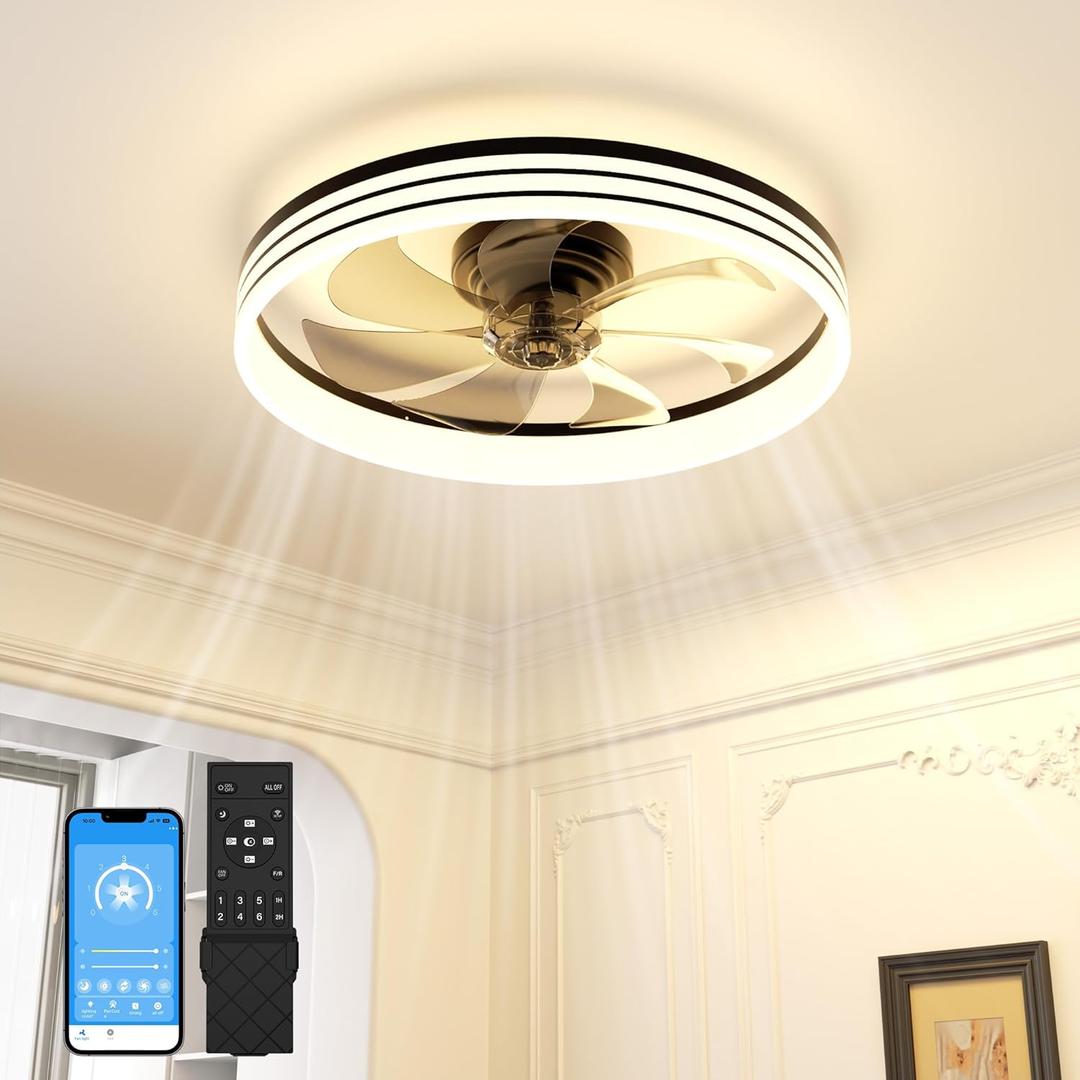 VOLISUN Low Profile Ceiling Fans with Lights and Remote, 20in Flush Mount Ceiling Fan with Light, 3000K-6500K Dimmable Fandelier LED Fan Light, Black Bladeless Ceiling Fans with Lights for Bedroom