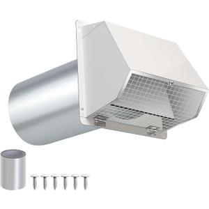 4 Inch Dryer Vent Cover Outside Hooded Wall Vent with Screen and Damper, Exhaust Vent Wall Mount Exterior Wall Vents Cover Cap for Dryer Ventilation&Outdoor Air Exhaust, Galvanized Steel, White