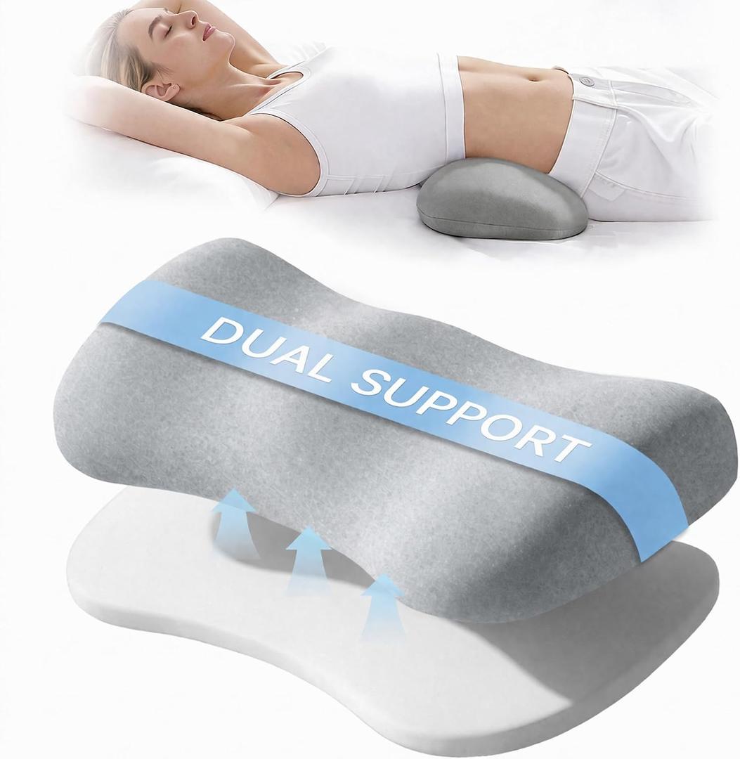 Adjustable Height Lumbar Support Pillow for Sleeping, Ergonomic Contour Lower Back Pillow for Bed with Breathable Washable Cover, Spine Alignment & Sleep Comfort, Grey, 23.6 x 9.8 x 3.1 Inch
