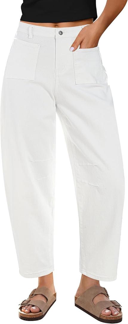 GRAPENT Barrel Jeans for Women Trendy Cropped High Waisted Patch Pocket Baggy Stretch Denim Pants Casual Wide Leg Jeans (White, M)