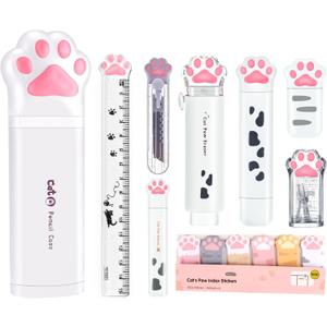 Cute School Supplies,Stationary Gift Set, Japanese Stationery Birthday GIFS, Includes Pencil Sharpener,Eraser, Correction Tape, Ruler, Mini Scissors,Utility Knife, for Office School Supplies (White)