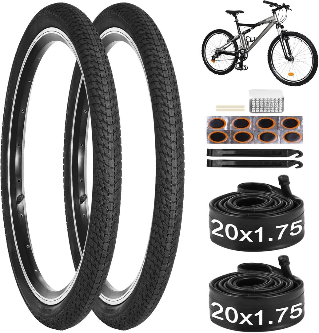 yeesport 20 Inch Bike Tire, 2 Pack 20x1.75 Bicycle Tires & 20x1.5-1.75" Bike Tubes with Repair Kit, 20x1.75 Mountain Bike Tire Replacement, Rubber Tires for MTB Off-Road Bike