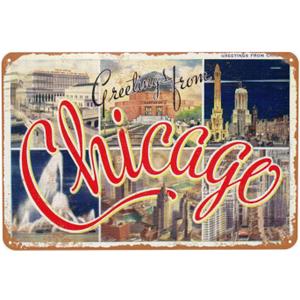 Vintage Metal Sign, Greetings from Chicago Tin Signs, Versatile Plaque Decor Poster for Home Man Women Bar Home Man Cave Accessories Garage Backyard Bedroom Wall Gift 12 x 8 Inch