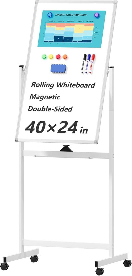 Rolling Whiteboard on Wheels, 40" x 24" Double-Sided Mobile Magnetic White Board with Stand, Portable Standing Dry Erase Board Easel for Home Office Classroom School, Silver
