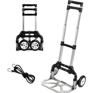 Folding Hand Truck Dolly Aluminum Foldable Hand Trolley Luggage Cart Max 175lbs Capacity Dolly Cart, with Telescoping Handle and Rubber Wheels, Double Bearings