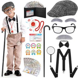 Kids 100 Days of School Costume for Boys - 1920s Old Man Grandpa Costume Set with Beret, Cane, Mustache & Wallet for 100th Day of School, Halloween, Pretend Play Dress Up