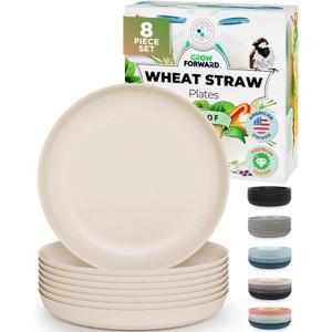 Grow Forward Premium Wheat Straw Plates - 10 Inch Reusable Hard Plastic Dinner Plates Set of 8 - Unbreakable & Microwave Safe Dishes for Dessert, Camping, RV, Outdoors, Patio, Kitchen - Sahara