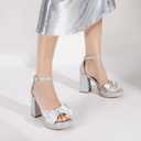 Mofri Showhow Platform Chunky Heels Women's Chunky High Heel Sandals Ankle Strap Open Toe Pump Bowknots Wedding Sandals for Wedding Bridal Party (Silver)