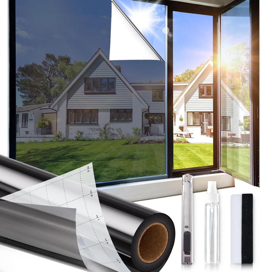 One Way Privacy Window Film,Sun Blocking Window Film with 3 Tools, Heat & UV Blocking Window Tint Film for Home, Easy Install DIY Office Window Covering See Out Not in (17.5 x 78.7 Inch, Black)