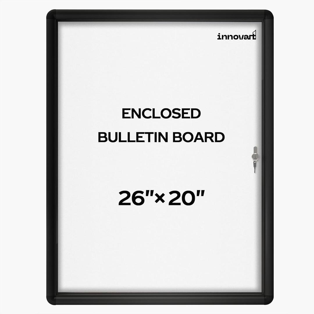 INNOVART Enclosed Bulletin Board 26x20, Weatherproof Dry Erase Board w/Black Aluminum Frame, Outdoor Enclosed Whiteboard Wall Display Case w/Swing-Open Door, Information Cabinet for School, Office