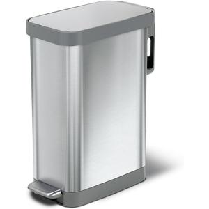 Glad Slim Trash Can with Clorox Odor Protection - Narrow Kitchen Garbage Bin with Soft Close Lid, Step On Foot Pedal and Waste Bag Roll Holder, All Stainless, 45 Liter