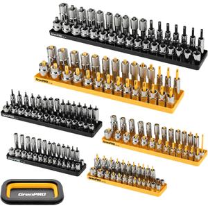 GRENPRO 7PCS Socket Organizer Tray Set with Mini Folding Tray, Yellow & Black Magnetic Socket Holder for 1/4", 3/8", 1/2" Drive Metric and SAE Sockets
