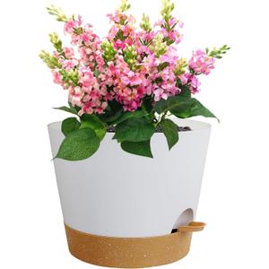 12 inch Large Self Watering Pots for Indoor Outdoor Plants, Flower Plant Pots with Drainage Holes for Garden House Plants, Plastic Planters with Reservoir for Home Plants, White with Brown