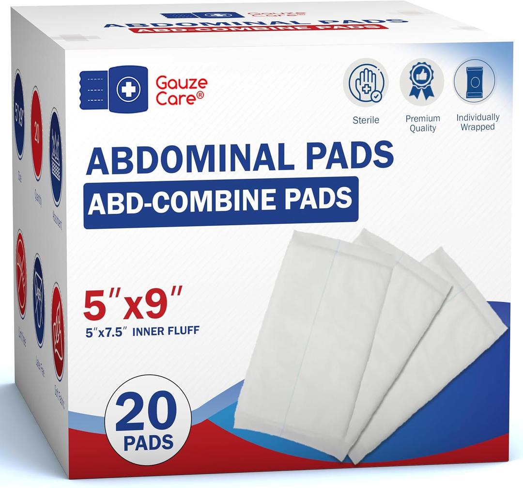 GauzeCare Sterile Abdominal Pads 5x9 inch 20-Pack | Extra Absorbent & Thick, Individually Packed Combine Pads with Non-Stick Outer Layer for Heavy Bleeding Wounds | Perfect for First Aid Kits (IFAKs)