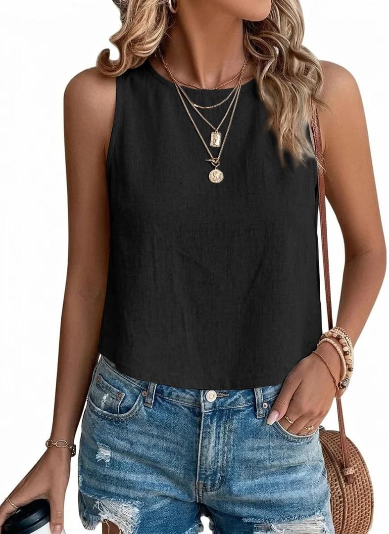 IDEALSANXUN Womens Linen Tank Tops Spring Summer Fashion Crop Cute Sleeveless Shirts Vest Top (Black, S)