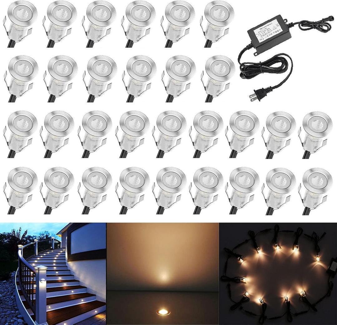 0.7" Tiny Warm White LED Deck Light Kit, Stainless Steel Waterproof Recessed Wood Decking Stairs Garden Yard Patio Decor Lamp Low Voltage Outdoor LED Lighting, Pack of 30