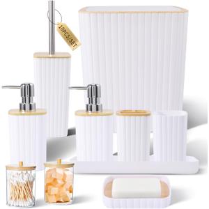 Bathroom Accessories Set - Elegant White Bathroom Set, 10PC Bathroom Accessory Set, Toilet Brush, Trash Can, Qtip Holder Dispenser & Soap Dispenser