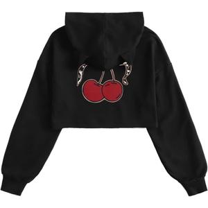 WDIRARA Girl's Cute Cat Ear Crop Tops Long Sleeve Causal Plain Hoodie Sweatshirt Shirt Pure Black Solid 8Y (Black)