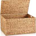 Wonderjune 36 x 20 x 18.5 Inch Water Hyacinth Wicker Storage Trunk with Metal Frame, Heavy Duty Storage Chest with Lid Large Rattan Basket for Blankets, Seasonal Clothes, Extra Bedding (Natural)