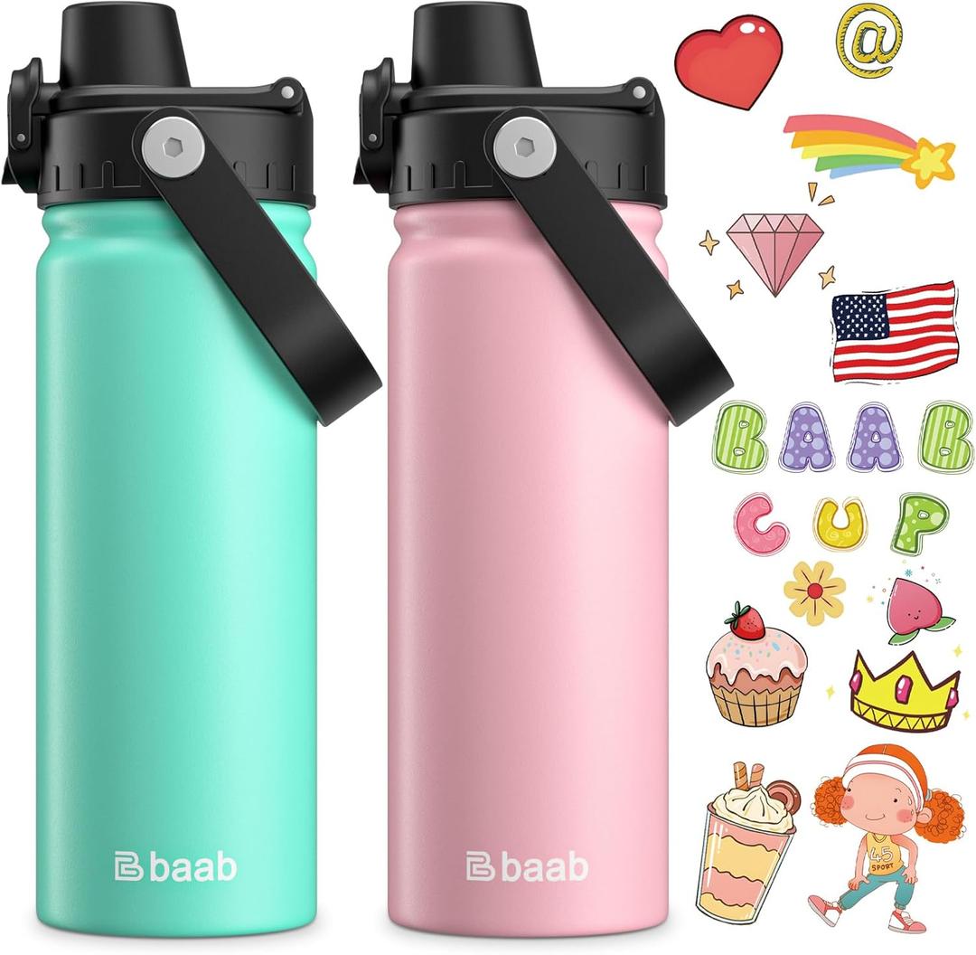 baab 18oz Kids Water Bottle, Insulated Kids Water Bottle with Lockable Spout Lid & Stickers, 18/8 Stainless Steel Vacuum Leakproof Kid Water Cup with Handle for School (Pink+Mint Green, 2 Pack)