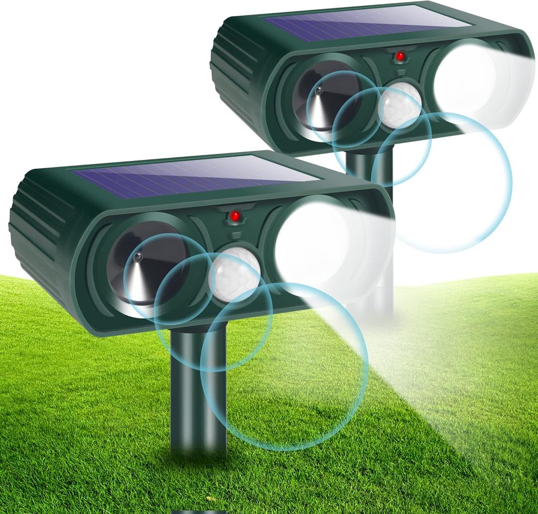 2 Pack Ultrasonic Animal Repellent Outdoor,Deer Repellent Devices Cat Repeller Waterproof with Strobe Light,Keep Squirrel Rabbit Raccoon Skunk Out of Garden Farm Yard Animal Deterrent Device,Green