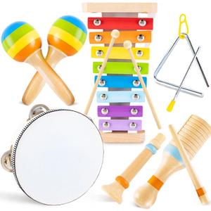 Montessori Toys for 1 2 Year Old, Wooden Musical Instruments for Toddlers 1-3, Educational Baby Drum Set with Xylophone & Maracas, First Birthday Gifts for Boys Girls, Nursery Preschool Toys