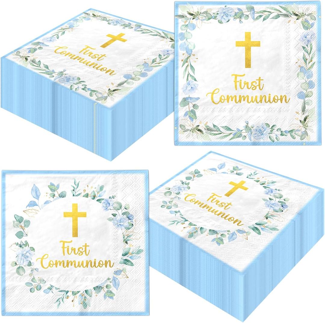 First Communion Decorations for Boys, 50pcs Blue Baptism Napkins First Communion Paper Napkins for Baptism Decorations, Easter Party, First Communion Party Supplies