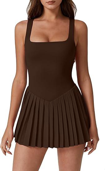 QINSEN Womens Square Neck Tennis Dress Pleated Sleeveless Built in Shorts Golf Athletic Dress with Pockets (X-Small)