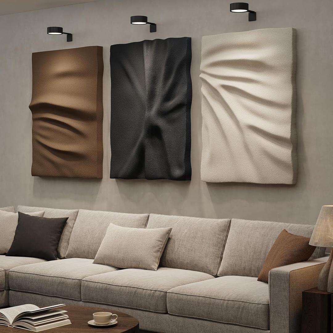 Large 3D Textured Wall Art Decor for Living Room, 3 Piece Modern Neutral Abstract Carved Artwork for Walls, Black and White Brown Minimalist Pictures Wall Decor for Hallway, Dining Room Home Decor, 24x36 In