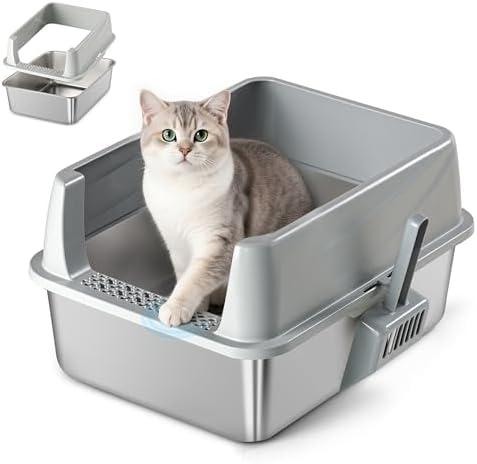 Aothey Stainless Steel Litter Box with Metal Lid and Scoop - Enclosed Metal Litter Box for Small Cats, Rust-Resistant, Odor-Control, Easy to Clean, Durable & Long-Lasting for Kitten (S), Kitten Size
