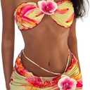 Women's Floral Bikini Set Tropical Halter 3 Piece Wrap Mini Skirt Beachwear Sexy Summer Vacation Outfit Swimwear Yellow Medium (M)